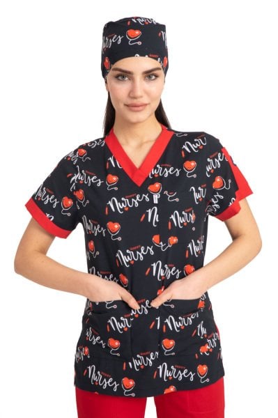 Likralı pamuklu kadın tek üst nurse yazılı rg-03