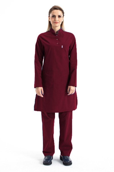 Tesettür Hemşire Forması Hakim Yaka Terikoton Takım Tst03 52-5XL Özel Sipariş - Bordo