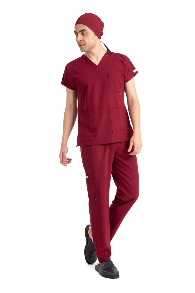 Dr Elastik Scrubs Likralı Pamuklu Erkek Bordo Takım