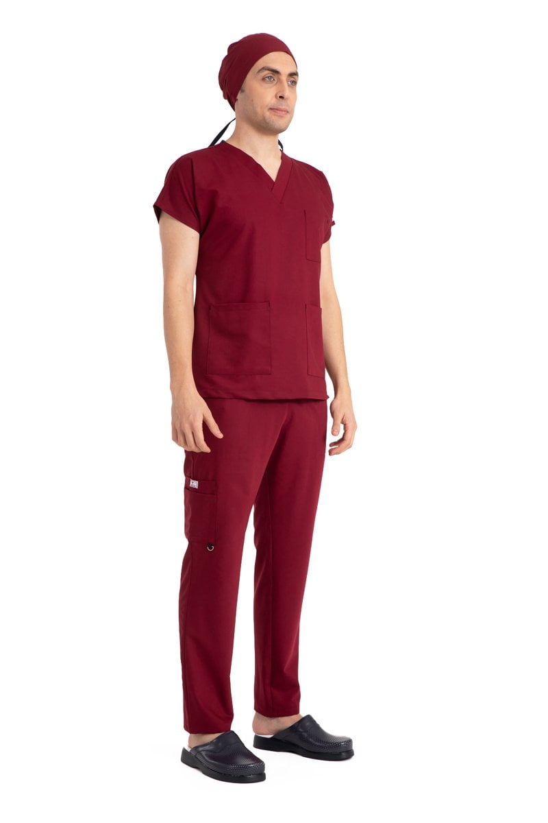 Dr Elastik Scrubs Likralı Pamuklu Erkek Bordo Takım