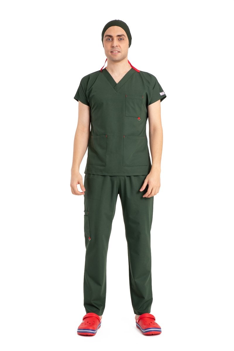 Dr Elastik Scrubs Likralı Pamuklu Erkek Haki Yeşil