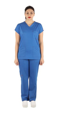 Orjinal Likralı Dr Greys Modeli Cerrahi Takım Kadın Yarasa Kol P. Mavi