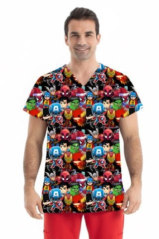 DRY TOUCH Kumaş | Süper Kahraman Desenli | Erkek Scrubs Tek Üst | Greys Model