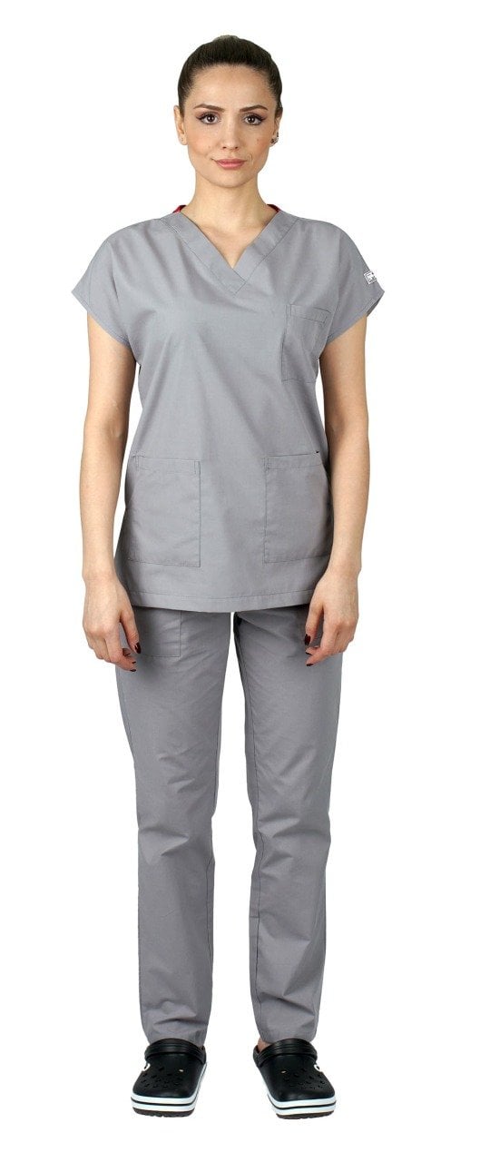 Dr.Greys Modeli Cerrahi Forma Bayan Takım Terikoton Kumaş Açık Gri