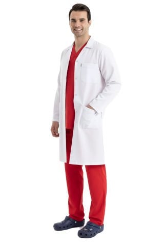 Labor EP-01 Erkek Beyaz Önlük 100 cm / Likralı Kumaş Ceket Yaka Çıtçıtlı