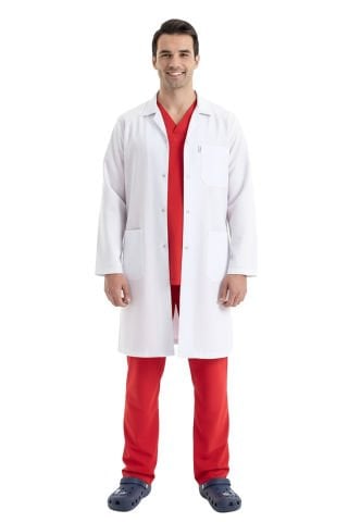 Labor EP-01 Erkek Beyaz Önlük 100 cm / Likralı Kumaş Ceket Yaka Çıtçıtlı