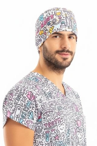 Cerrahi Bone | Beyaz Diş Desenli | Dry Touch Kumaş | Kadın & Erkek Unisex