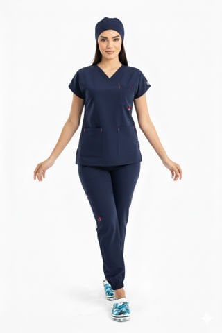 LABOR| Jogger Scrubs Takım | Elastik Kumaş Likralı Pamuklu |  Kadın Cerrahi Forma | Lacivert Renk