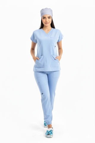 LABOR| Jogger Scrubs Takım | Elastik Kumaş Likralı Pamuklu |  Kadın Cerrahi Forma | Deniz Mavisi