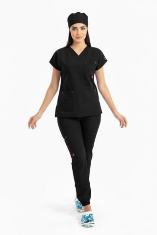 LABOR| Jogger Scrubs Takım | Elastik Kumaş Likralı Pamuklu |  Kadın Cerrahi Forma | Siyah