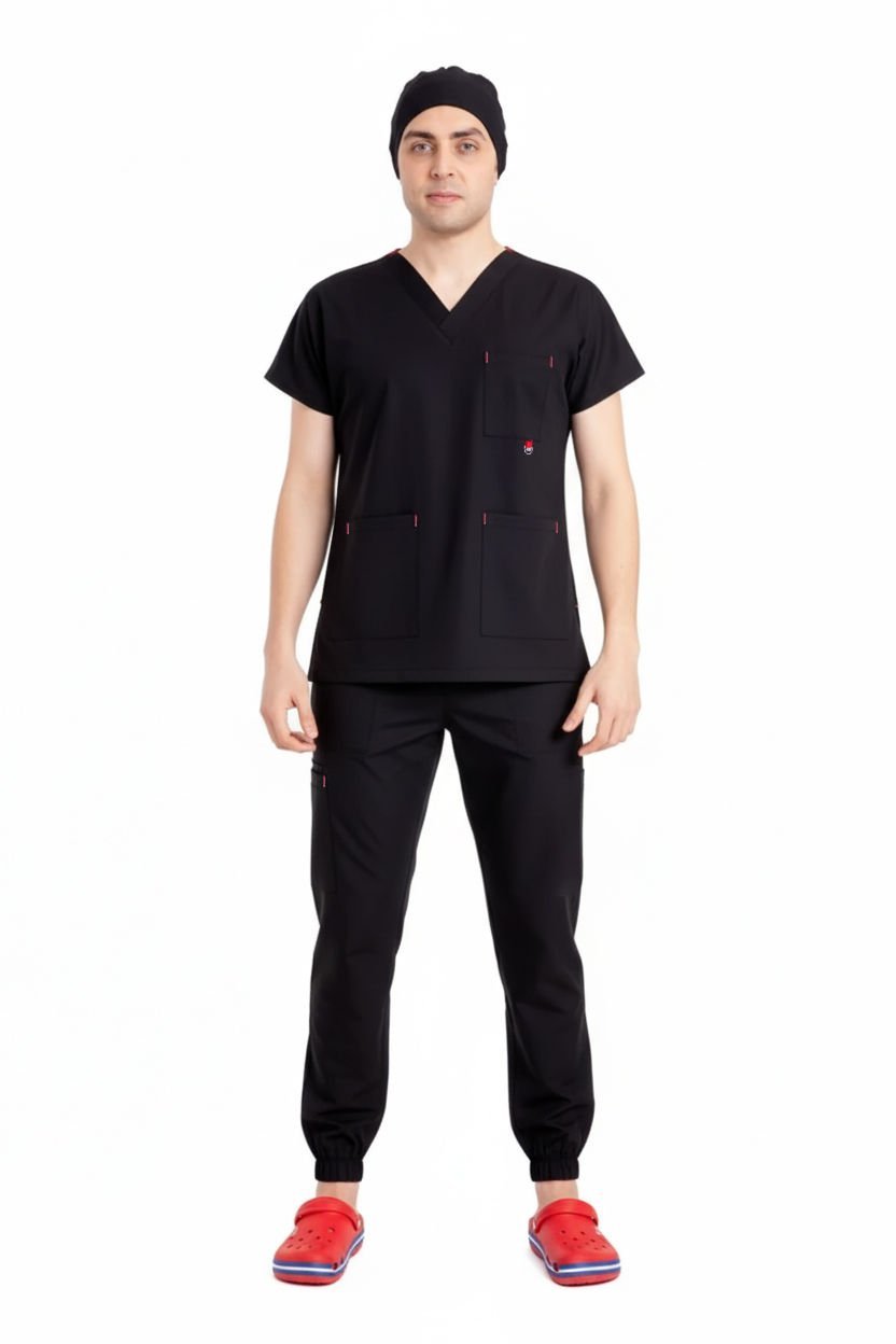 LABOR| Jogger Scrubs Takım | Elastik Kumaş Likralı Pamuklu | Erkek Cerrahi Forma | Siyah