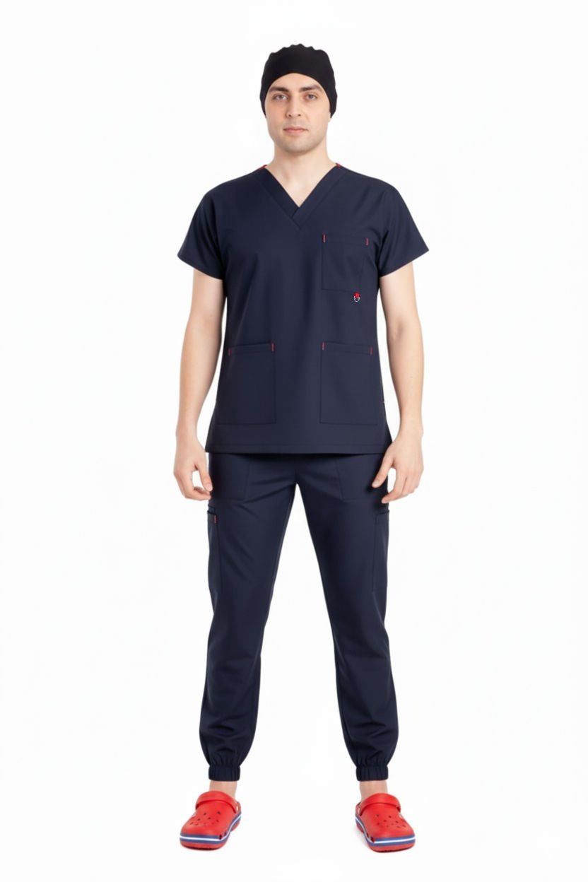 LABOR| Jogger Scrubs Takım | Elastik Kumaş Likralı Pamuklu | Erkek Cerrahi Forma | Koyu Lacivert