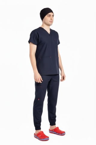 LABOR| Jogger Scrubs Takım | Elastik Kumaş Likralı Pamuklu | Erkek Cerrahi Forma | Koyu Lacivert