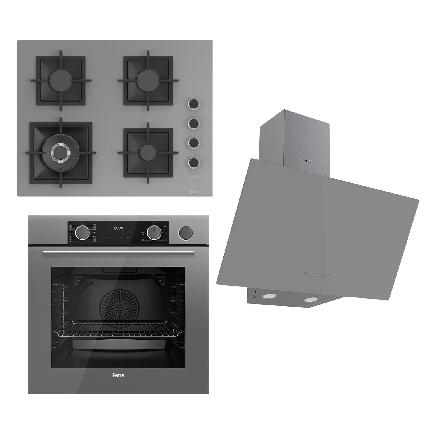 Ferre FLAMEART SC Serisi Gri Set (SC408-WFA + XE64CPR +D079 ) - 65 cm'lik Kare Döküm Izgara-WOK