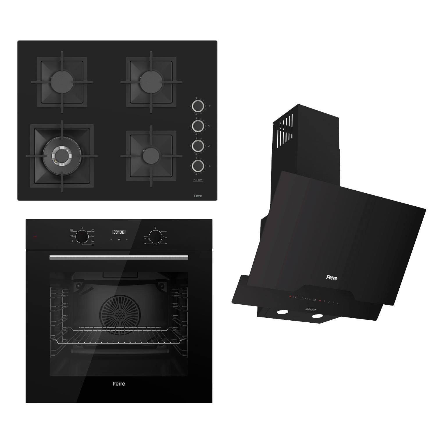 Ferre FLOWART-SILENTART Serisi Siyah Set (SC405-WFA + QBL63CS +D063-SA ) - Döküm Izgara / 65 cm Ocak