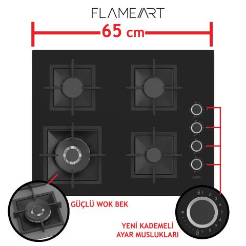 Ferre FLOWART-SILENTART Serisi Siyah Set (SC405-WFA + QBL63CS +D063-SA ) - Döküm Izgara / 65 cm Ocak