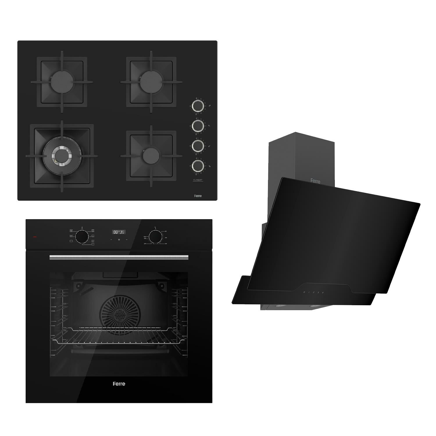 Ferre FLOWART Serisi Siyah Set (SC405-WFA + QBL63CS +D063 ) - Döküm Izgara - 65 Cm Ocak