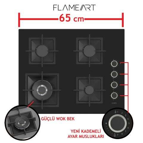 Ferre FLOWART  Serisi Siyah Set (SC405-WFA + QBL63CS +D080 ) - Döküm Izgara / 65 cm Ocak