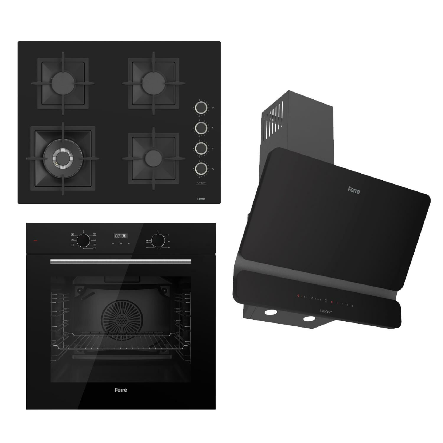 Ferre FLOWART-SILENTART Serisi Siyah Set (SC405-WFA + QBL63CS +D080-SA ) - Döküm Izgara / 65 cm Ocak