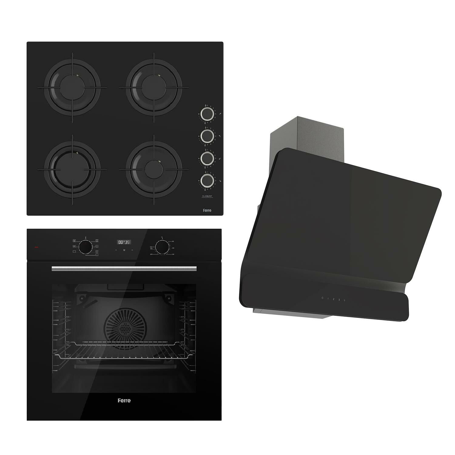 Ferre FLOWART-FLAMEART  Serisi Siyah Set (CS205-FA + QBL63CS +D080 ) - Emaye Izgara / Kademeli Musluk