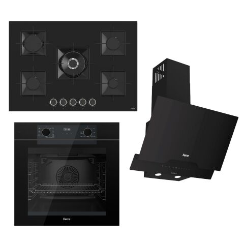 Ferre FRYART-SILENTART Serisi Siyah Set (SS035 + QEP63CS +D063-SA ) - Emaye Izgara-75 Cm Ocak