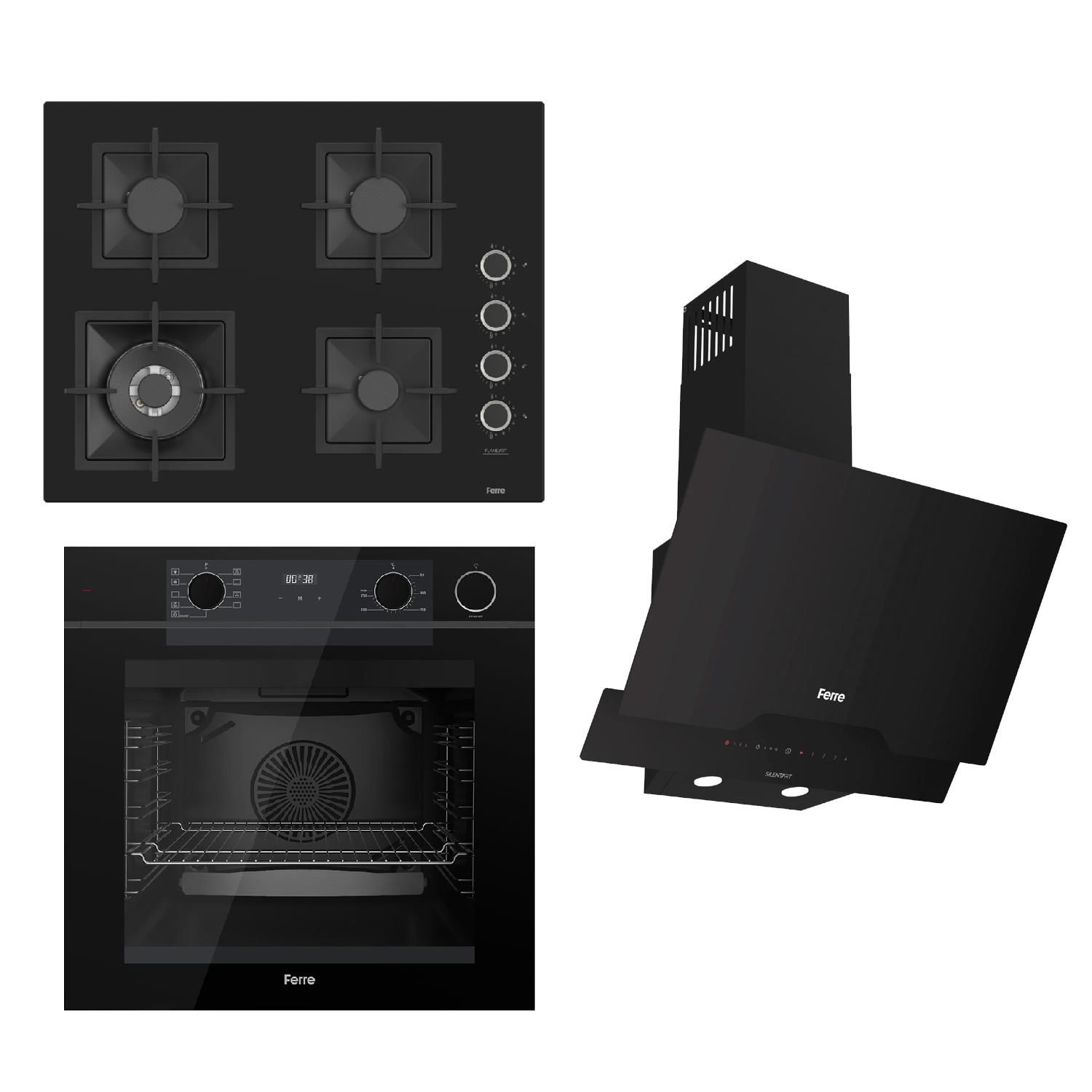 Ferre STEAMART-FRYART-SILENTART Serisi Siyah Set (SC405-WFA + QEP64CS +D063-SA ) - Döküm Izgara / 65 cm Ocak