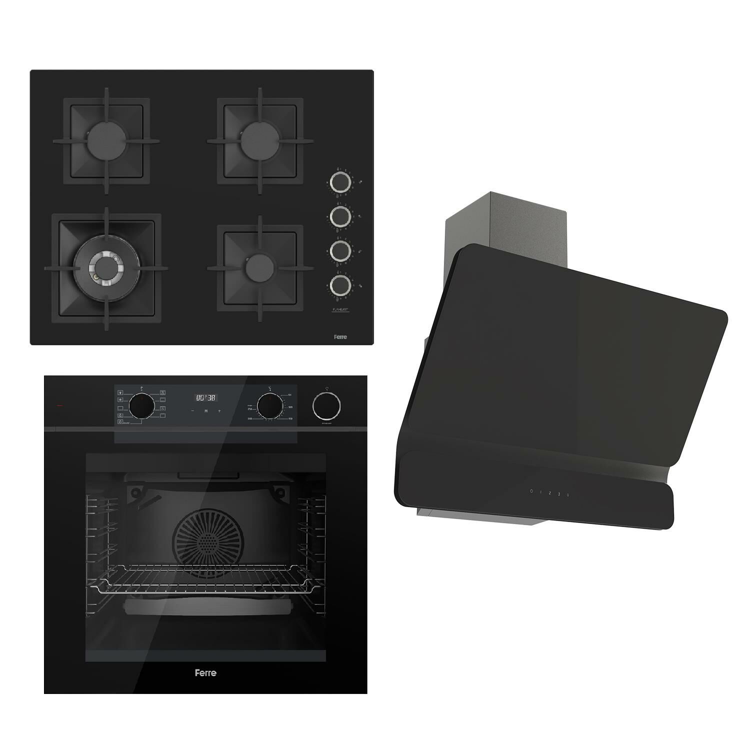 Ferre STEAMART-FRYART  Serisi Siyah Set (SC405-WFA + QEP64CS +D080 ) - Döküm Izgara / 65 cm Ocak