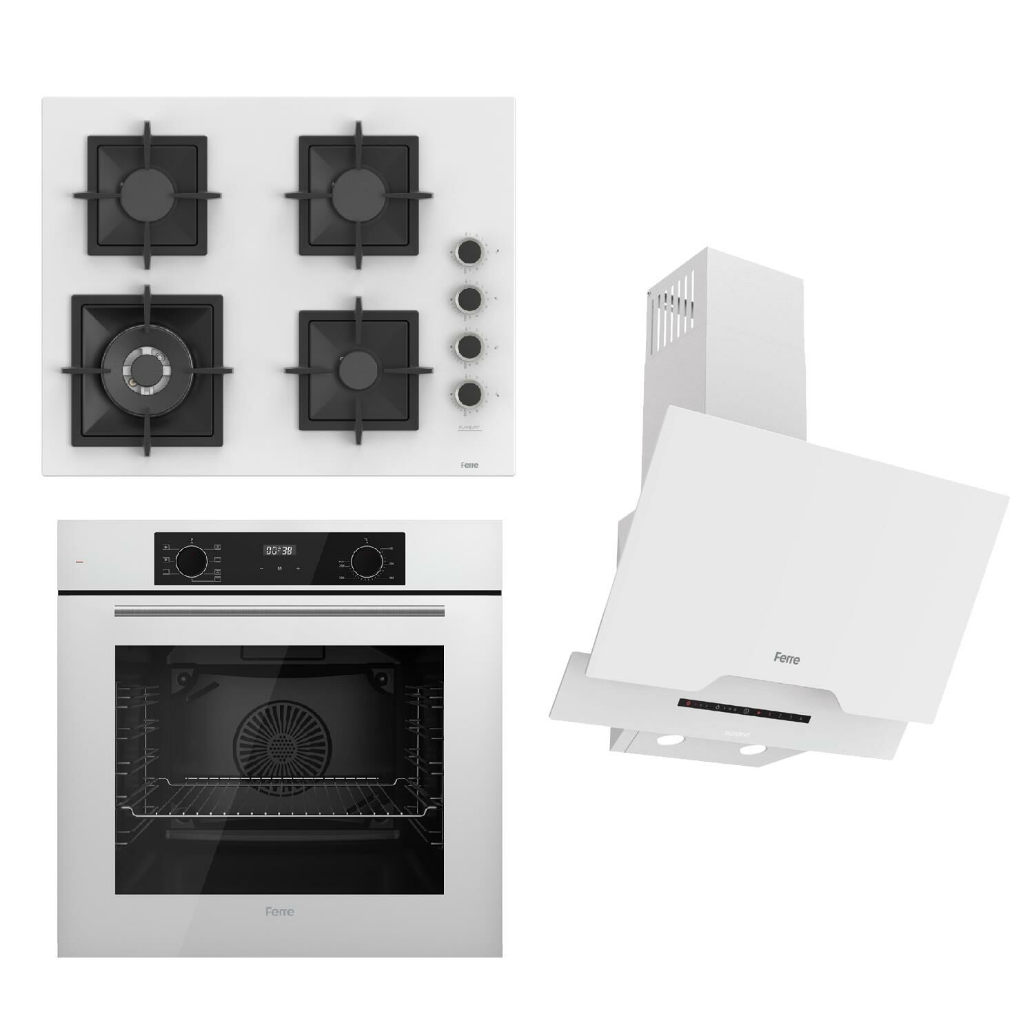 Ferre FLOWART-SILENTART Serisi Beyaz Set (SC406-WFA + QBL63CB +D064-SA ) - Döküm Izgara / 65 cm Ocak