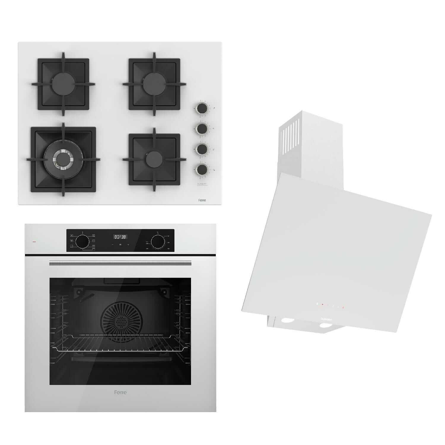 Ferre FLOWART-SILENTART Serisi Beyaz Set (SC406-WFA + QBL63CB +D078-SA ) - Döküm Izgara / 65 cm Ocak
