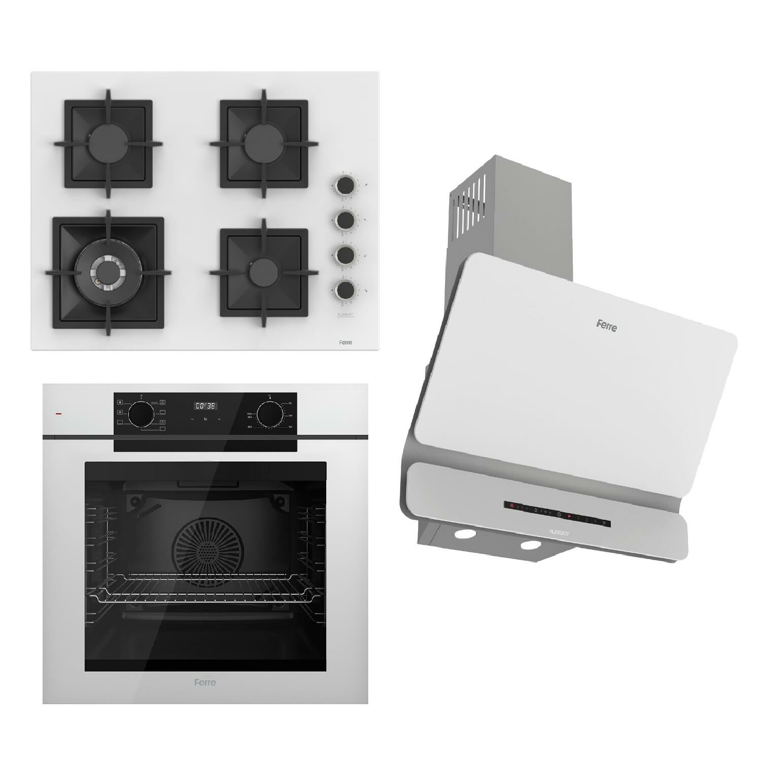 Ferre FRYART-SILENTART Serisi Beyaz Set (SC406-WFA + QEP63CB +D081-SA ) - Döküm Izgara / 65 cm Ocak