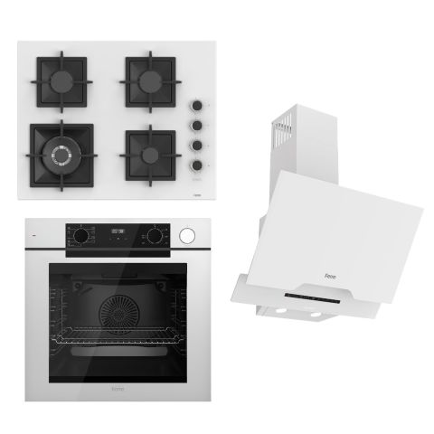 Ferre STEAMART-FRYART-SILENTART Serisi Beyaz Set (SC406-WFA + QEP64CB +D064-SA ) - Döküm Izgara / 65 cm Ocak