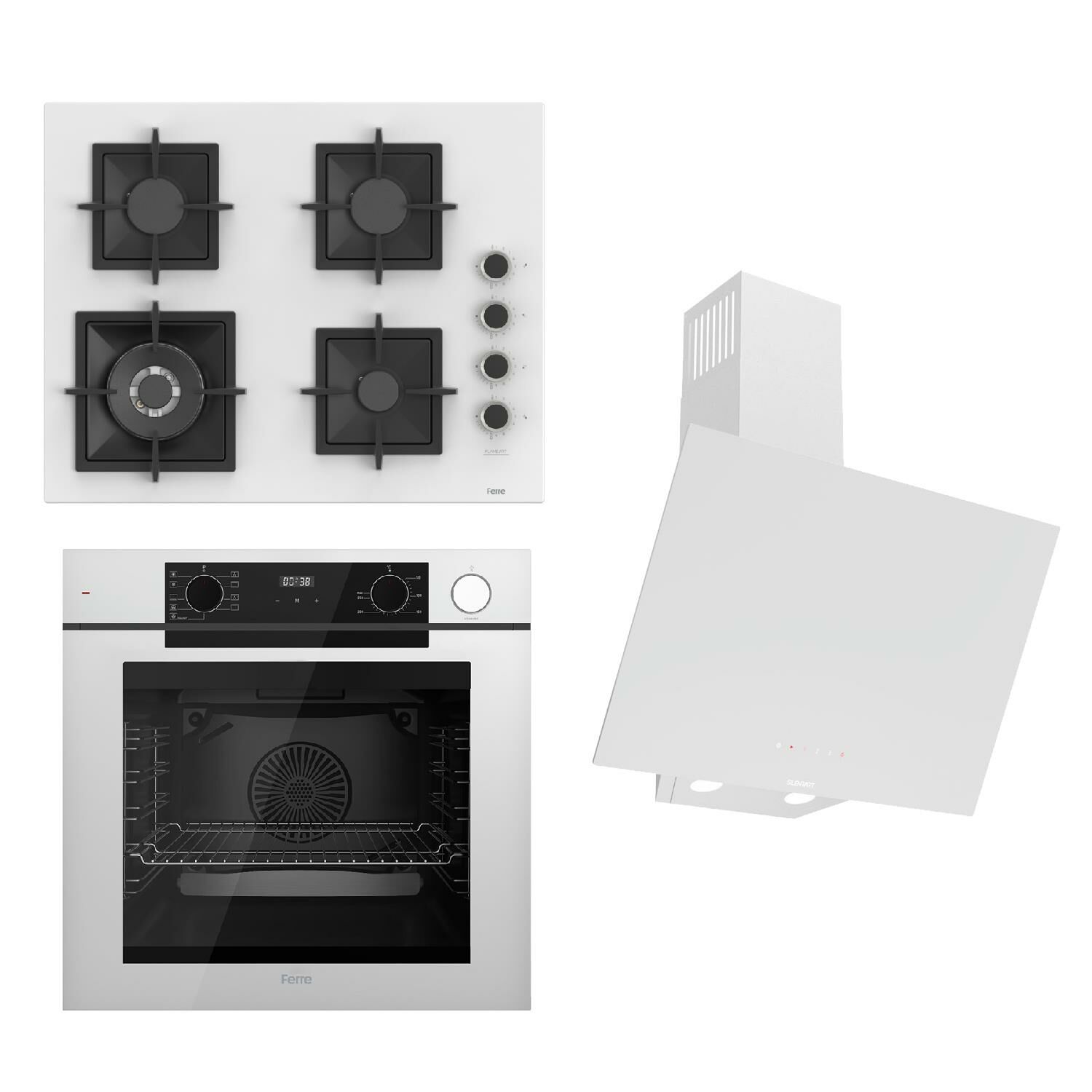 Ferre STEAMART-FRYART-SILENTART Serisi Beyaz Set (SC406-WFA + QEP64CB +D078-SA ) - Döküm Izgara / 65 cm Ocak