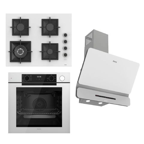 Ferre STEAMART-FRYART-SILENTART Serisi Beyaz Set (SC406-WFA + QEP64CB +D081-SA ) - Döküm Izgara / 65 cm Ocak