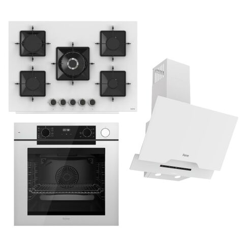 Ferre STEAMART-FRYART-SILENTART Serisi Beyaz Set (SS036 + QEP64CB +D064-SA ) - Emaye Izgara - 75 Cm Ocak