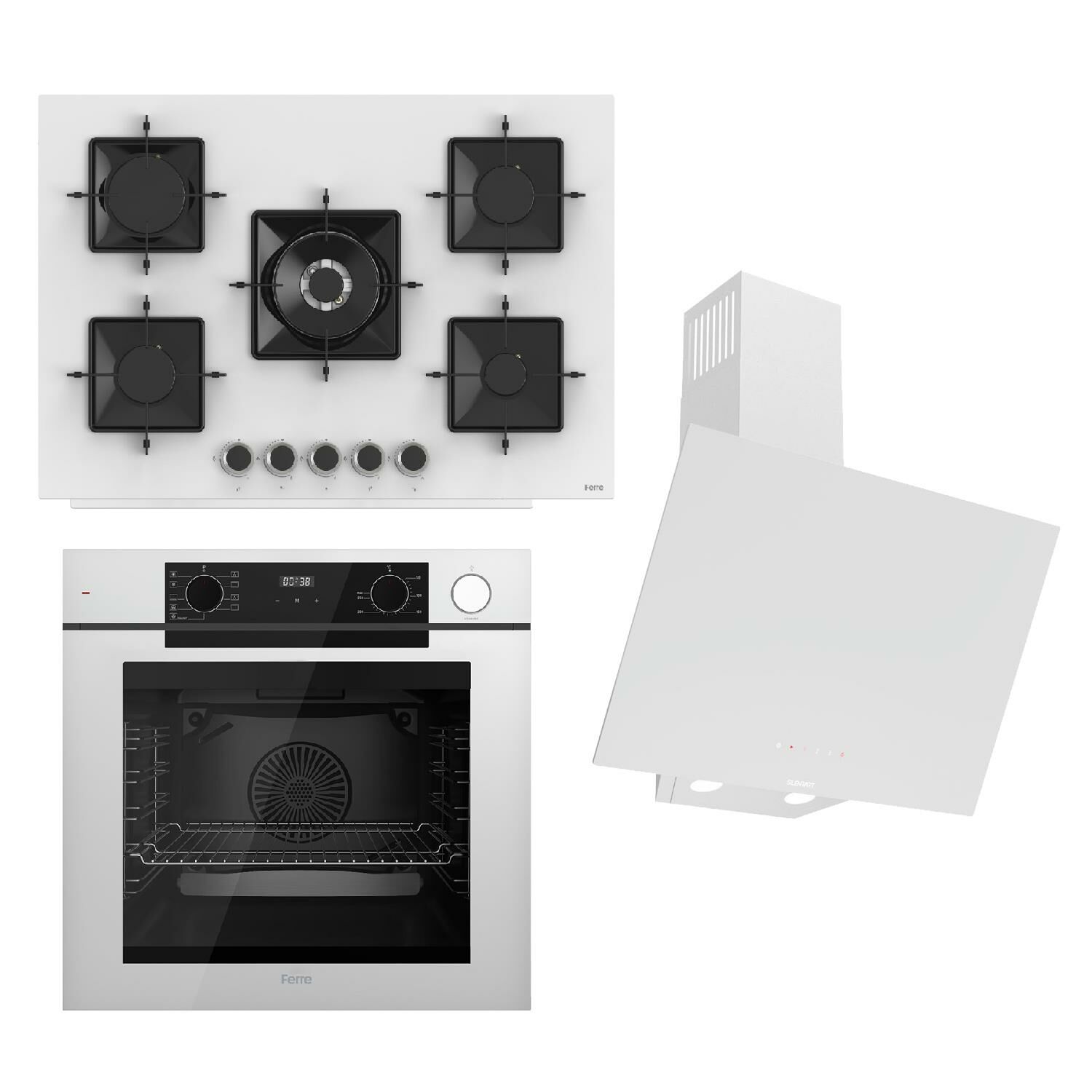 Ferre STEAMART-FRYART-SILENTART Serisi Beyaz Set (SS036 + QEP64CB +D078-SA ) - Emaye Izgara - 75 Cm Ocak