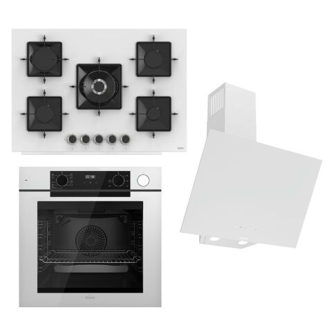 Ferre STEAMART-FRYART-SILENTART Serisi Beyaz Set (SS036 + QEP64CB +D078-SA ) - Emaye Izgara - 75 Cm Ocak