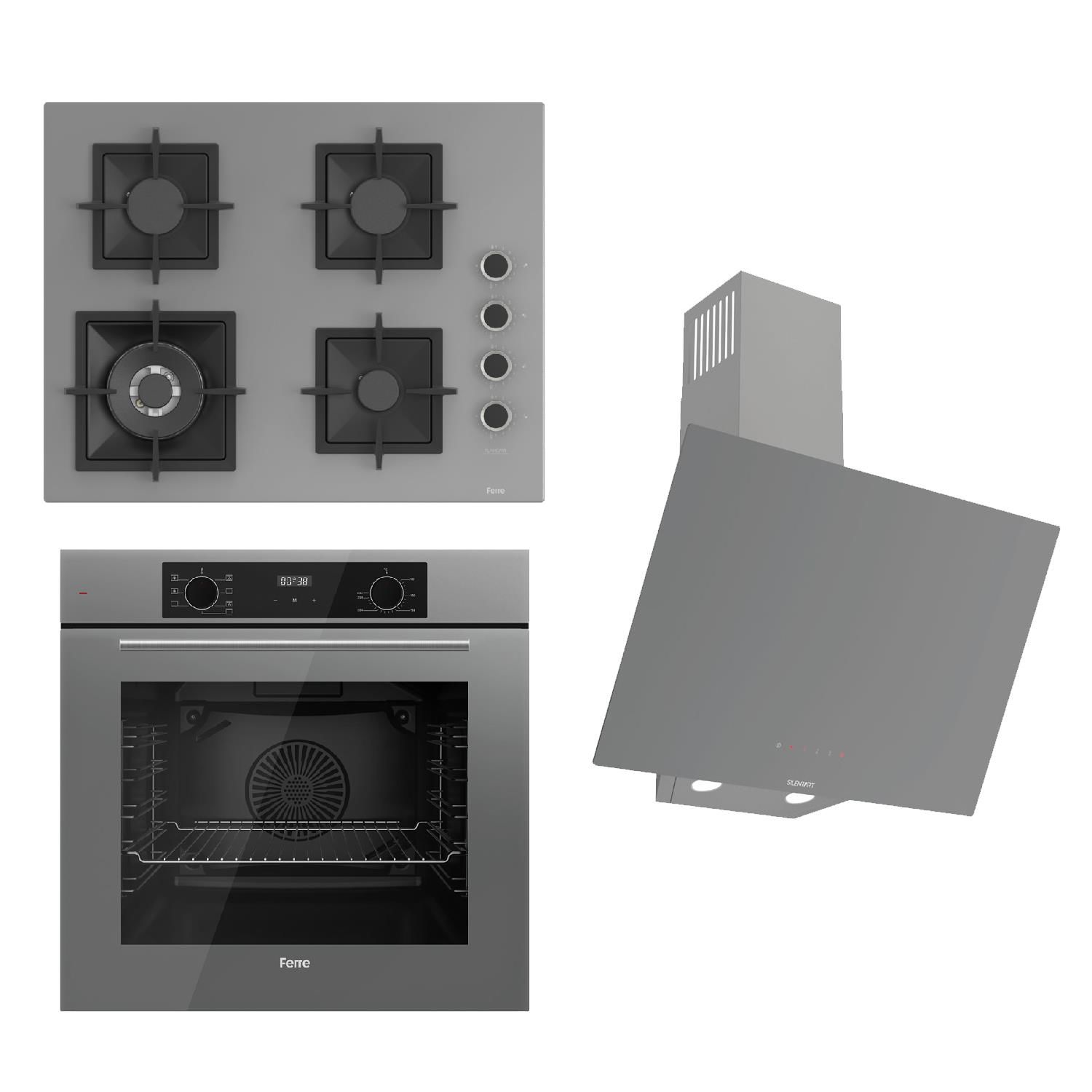 Ferre FLOWART-SILENTART Serisi Gri Set (SC408-WFA + QBL63CPR +D079-SA ) - Döküm Izgara / 65 cm Ocak