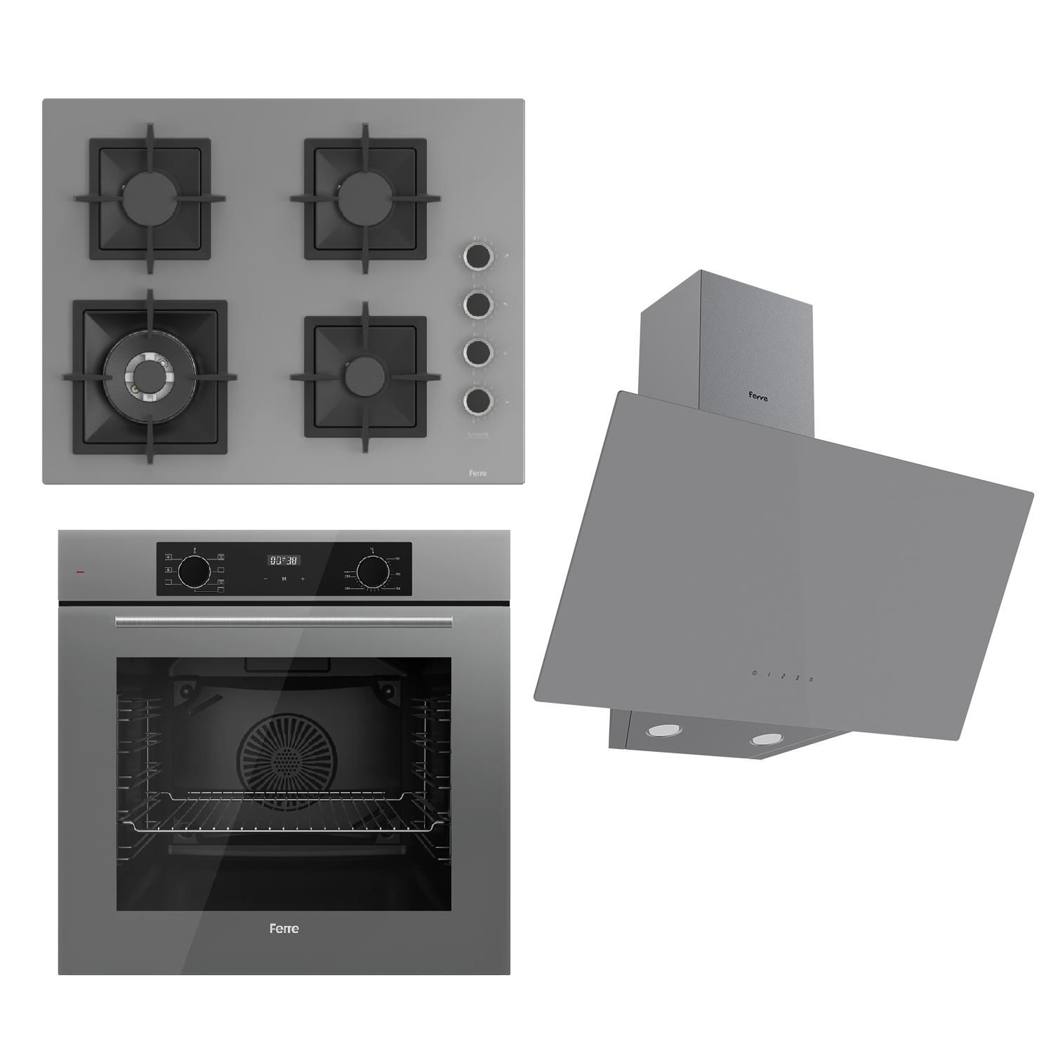 Ferre FLOWART Serisi Gri Set (SC408-WFA + QBL63CPR +D079 ) - Döküm Izgara / 65 cm Ocak