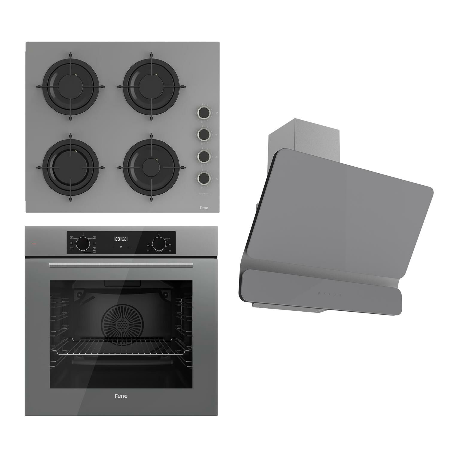 Ferre FLOWART Serisi Gri Set (CS208-FA + QBL63CPR +D082 ) - Emaye Izgara / Kademeli Musluk
