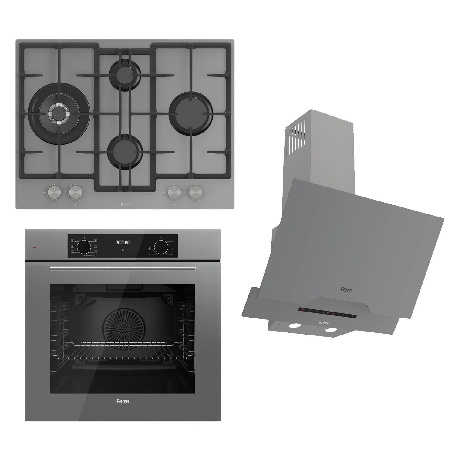 Ferre FLOWART-SILENTART Serisi Gri Set (ED078 + QBL63CPR +D065-SA ) - Döküm Izgara / 67 cm Ocak