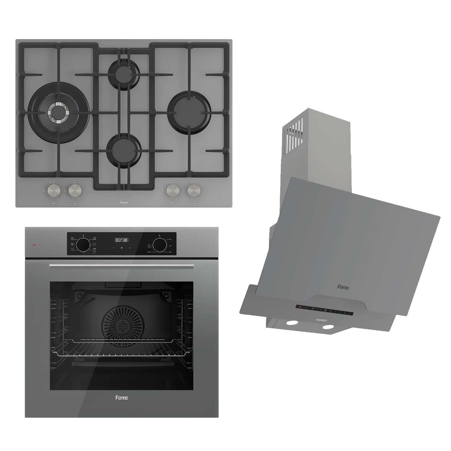 Ferre FLOWART-SILENTART Serisi Gri Set (ED078 + QBL63CPR +D065-SA ) - Döküm Izgara / 67 cm Ocak