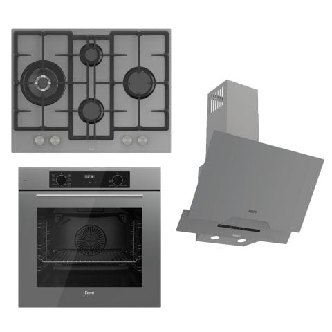 Ferre FLOWART-SILENTART Serisi Gri Set (ED078 + QBL63CPR +D065-SA ) - Döküm Izgara / 67 cm Ocak