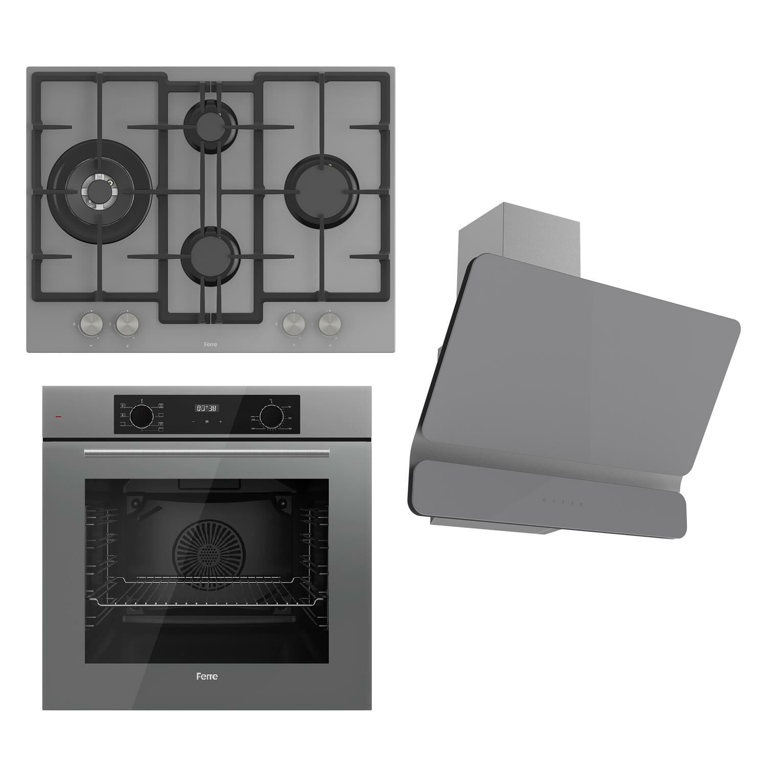 Ferre FLOWART Serisi Gri Set (ED078 + QBL63CPR +D082 ) - Döküm Izgara / 67 cm Ocak