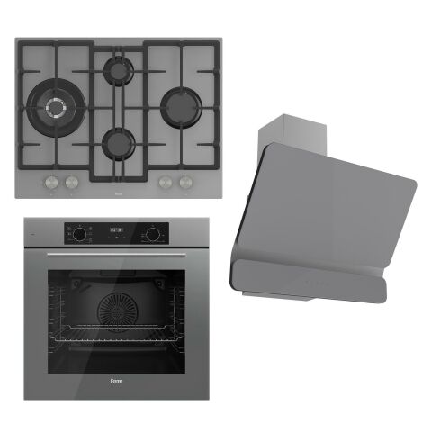 Ferre FLOWART Serisi Gri Set (ED078 + QBL63CPR +D082 ) - Döküm Izgara / 67 cm Ocak