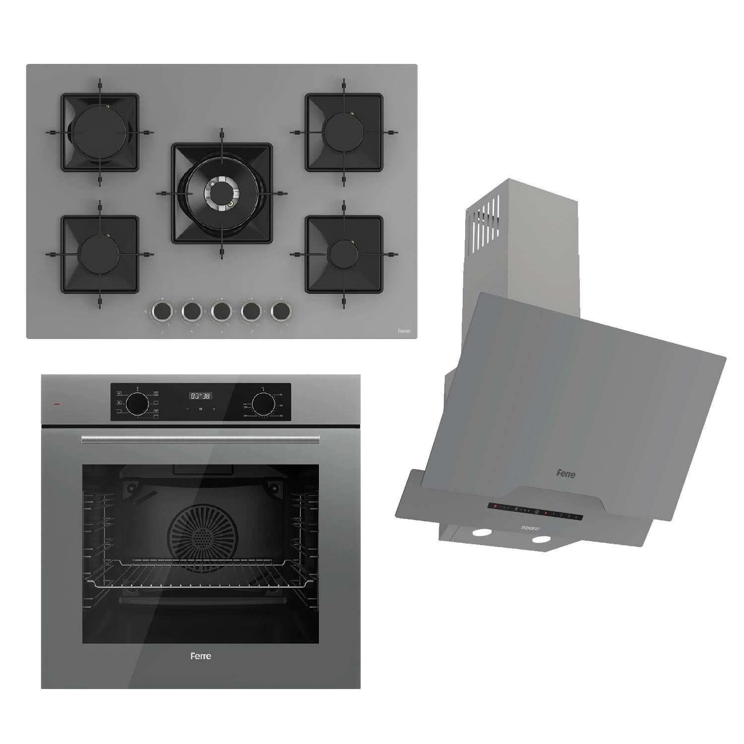 Ferre FLOWART-SILENTART Serisi Gri Set (SS038 + QBL63CPR +D065-SA ) - Emaye Izgara / 75 cm Ocak