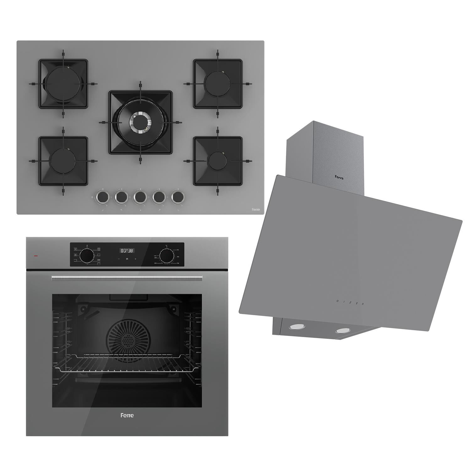 Ferre FLOWART Serisi Gri Set (SS038 + QBL63CPR +D079 ) - Emaye Izgara / 75 cm Ocak