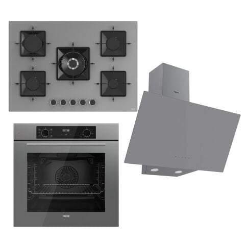 Ferre FLOWART Serisi Gri Set (SS038 + QBL63CPR +D079 ) - Emaye Izgara / 75 cm Ocak