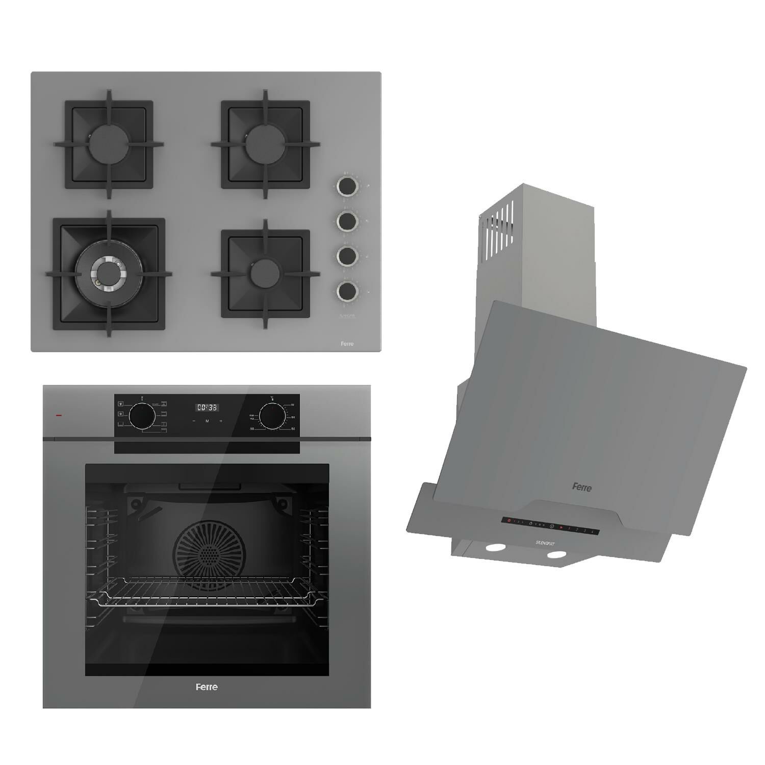 Ferre FRYART-SILENTART Serisi Gri Set (SC408-WFA + QEP63CPR +D065-SA ) - Döküm Izgara / 65 cm Ocak