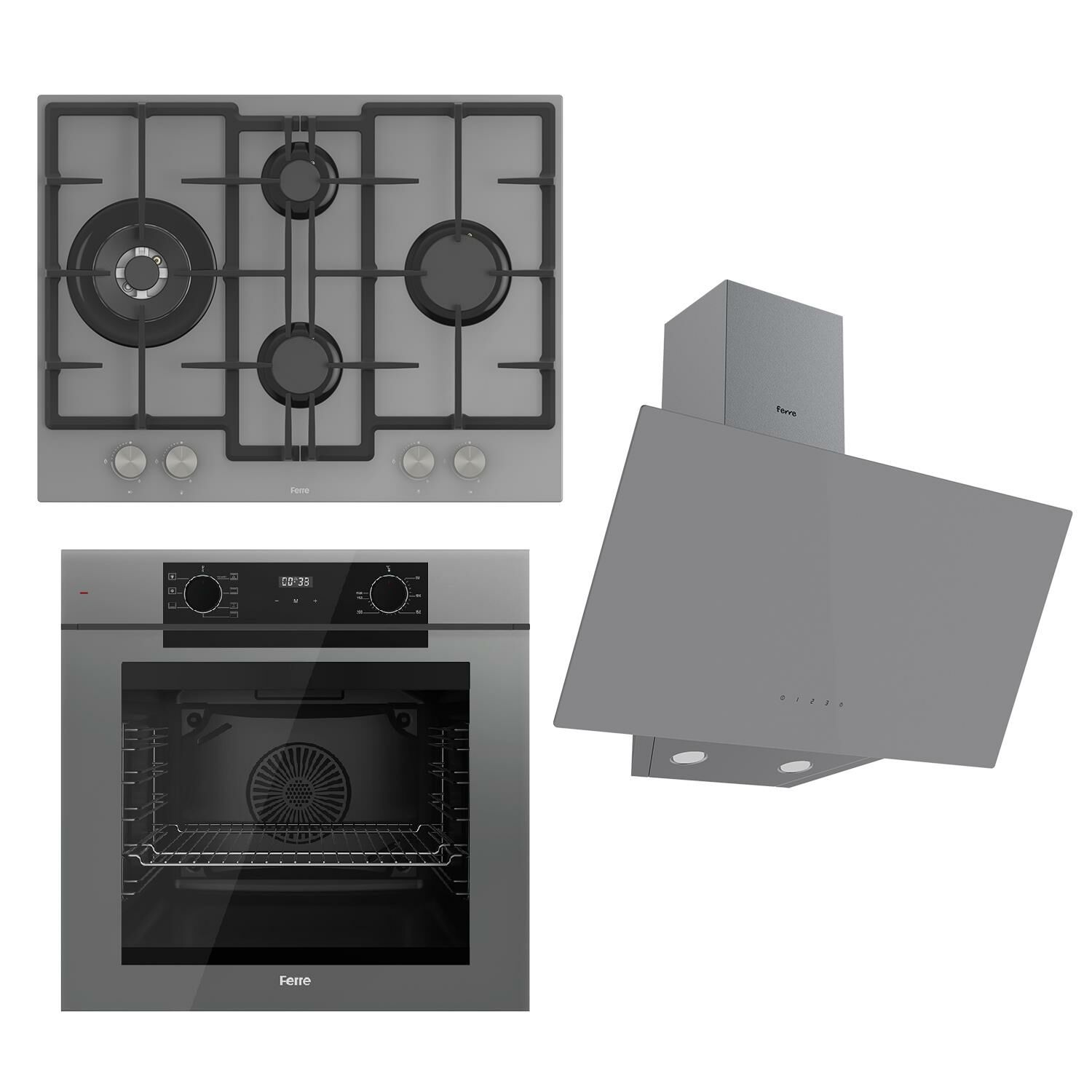 Ferre FRYART Serisi Gri Set (ED078 + QEP63CPR +D079 ) - Döküm Izgara / 67 cm Ocak