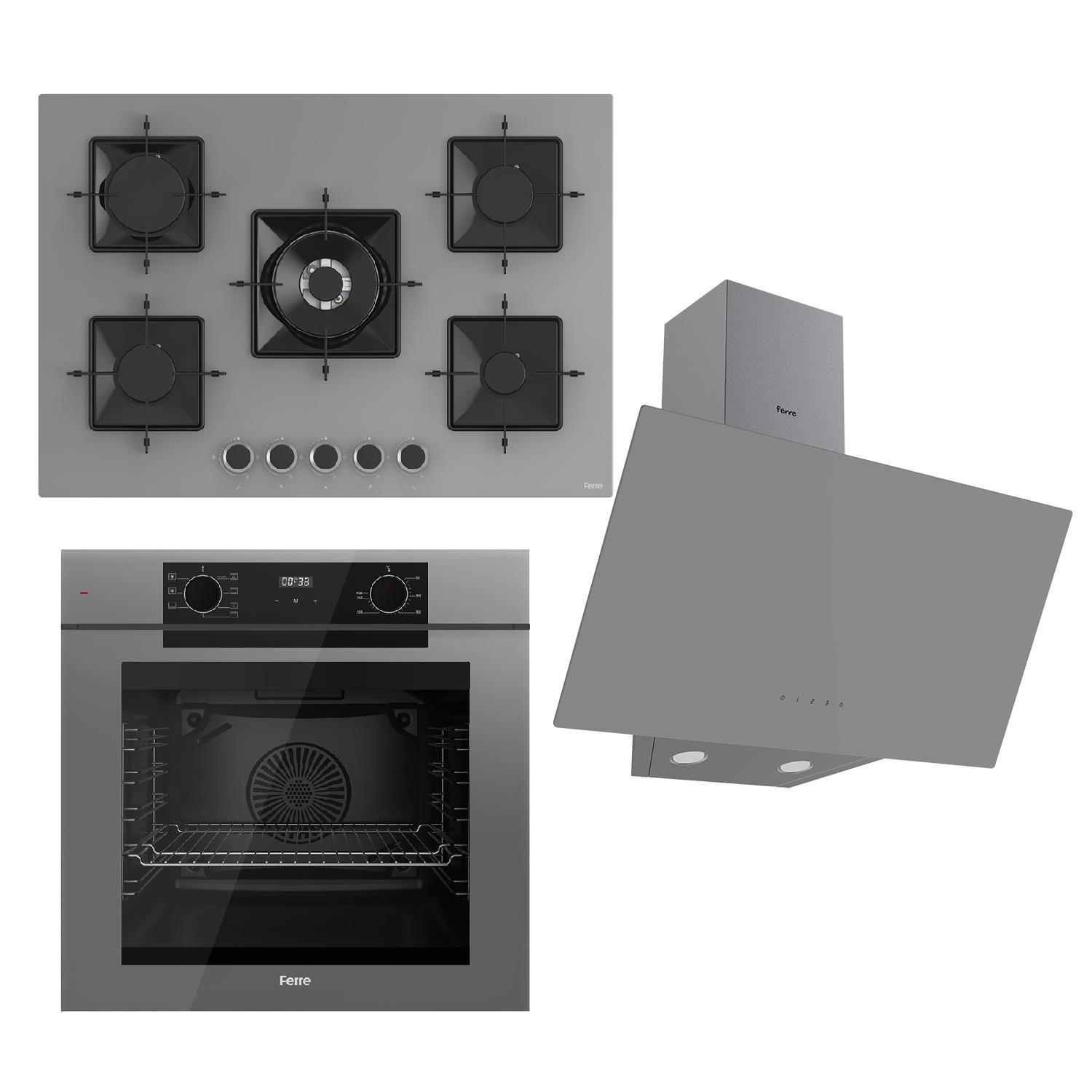 Ferre FRYART Serisi Gri Set (SS038 + QEP63CPR +D079 ) - Döküm Izgara / 75 cm Ocak